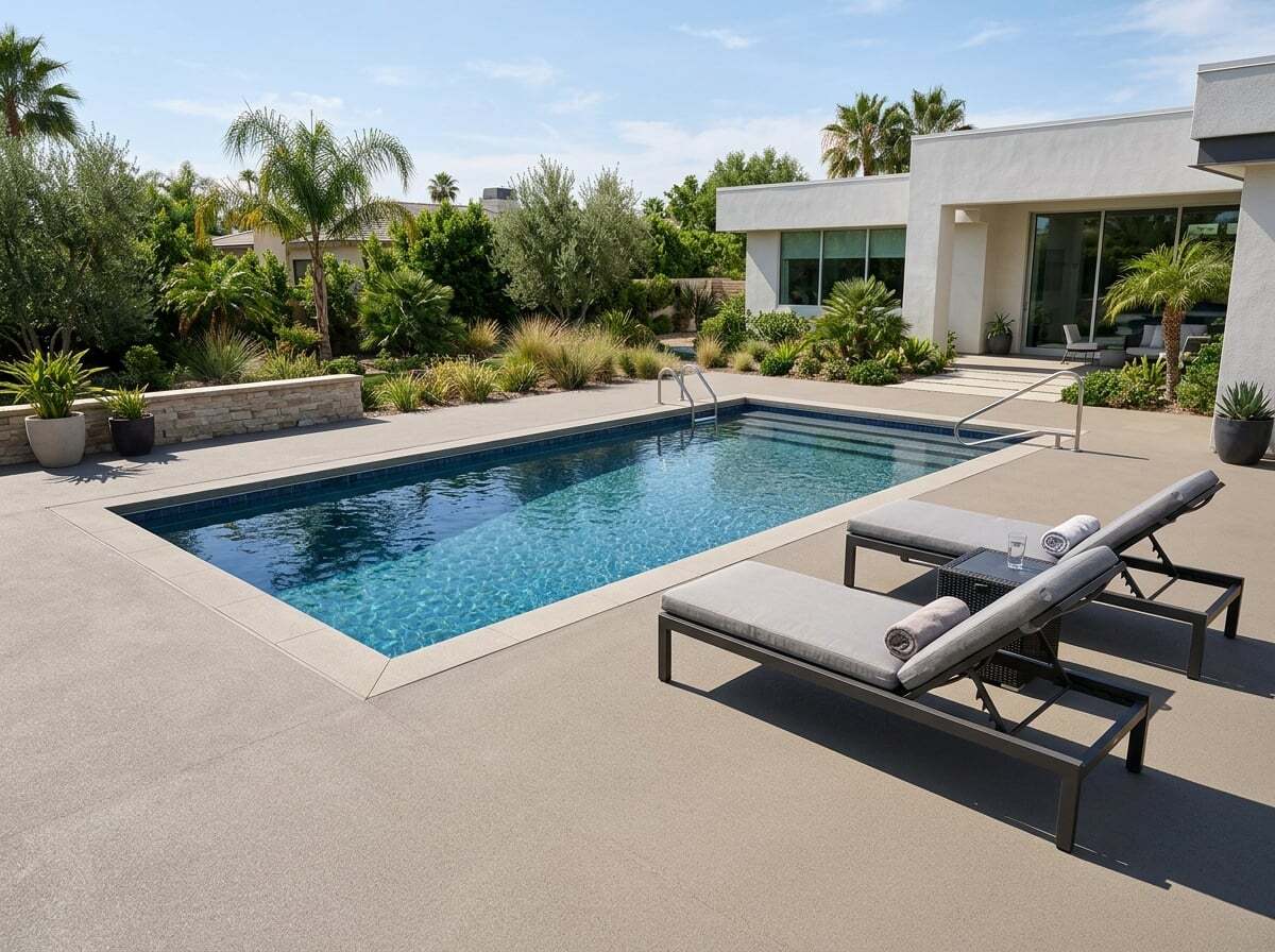 Stylish pool deck with seamless rubber surfacing and lounge chairs