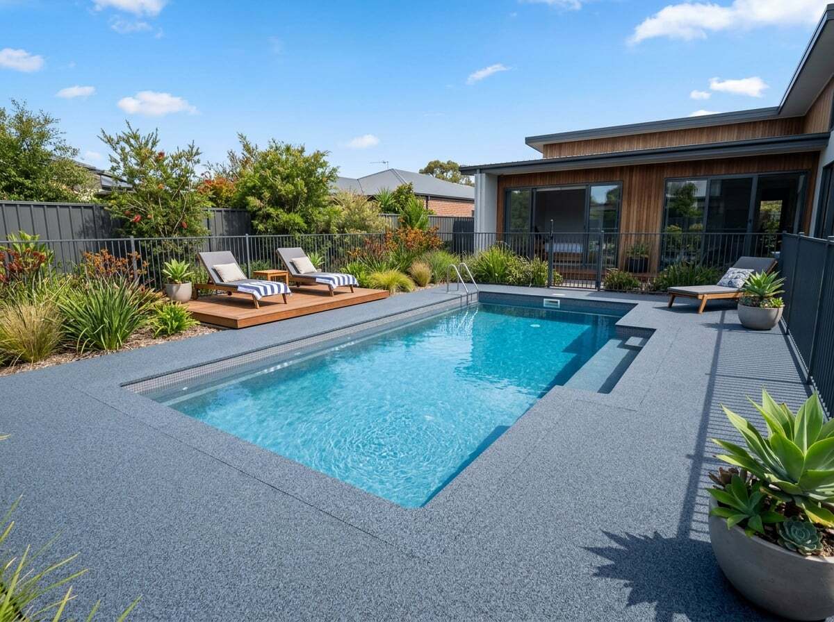 Modern residential pool with grey-blue EPDM rubber surround